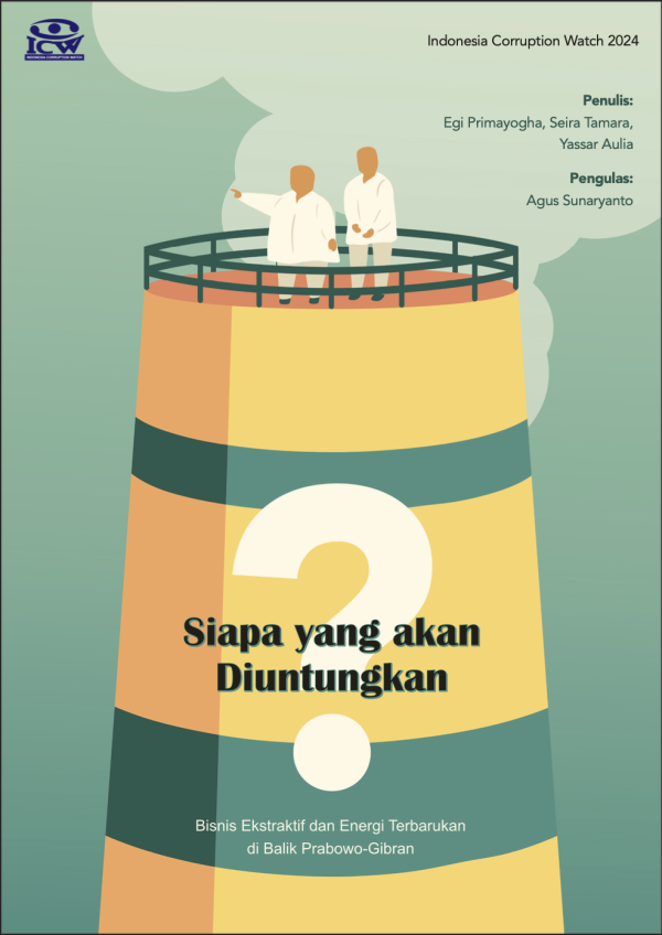 desain muka laporan dengan ilustrasi siluet Prabowo dengan asistennya di atas cerobong asap PLTU