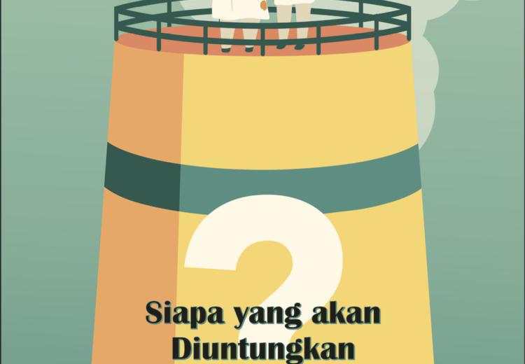 desain muka laporan dengan ilustrasi siluet Prabowo dengan asistennya di atas cerobong asap PLTU